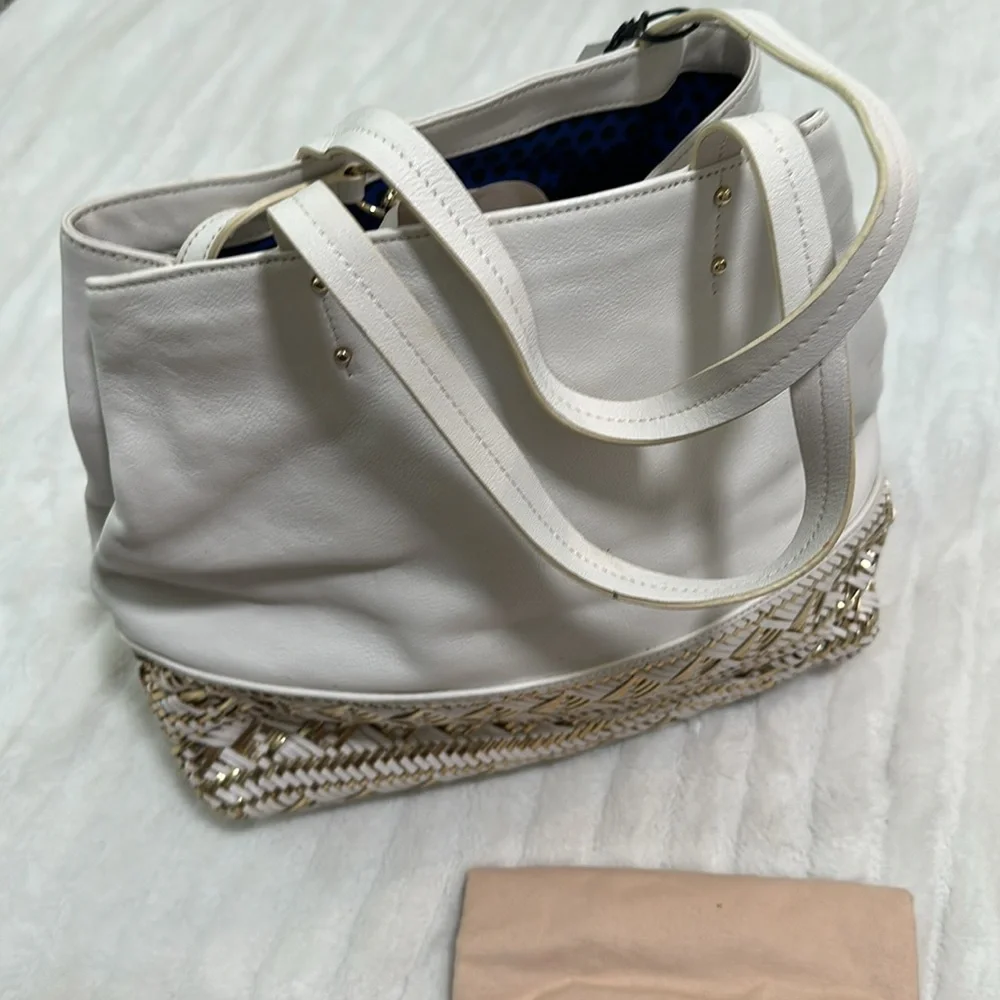 Rebecca Minkoff White and Gold Woven-Trim Leather Tote NWT